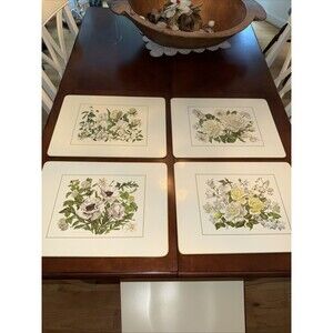 S/4 Cloverleaf cork back placemats Mixed white floral Roses Poppy Peony Iris